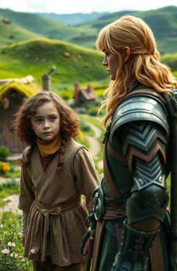 A fantastical scene set in the lush, vibrant landscape of Middle-earth, reminiscent of the 'Lord of the Rings' movies