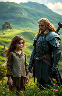 A fantastical scene set in the lush, vibrant landscape of Middle-earth, reminiscent of the 'Lord of the Rings' movies