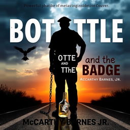 A powerful image showcasing the silhouette of a police officer standing at a crossroads, with a chain attached from his leg to a broken liquor bottle, symbolizing the struggle and the weight of addiction