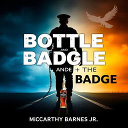 A powerful image showcasing the silhouette of a police officer standing at a crossroads, with a chain attached from his leg to a broken liquor bottle, symbolizing the struggle and the weight of addiction