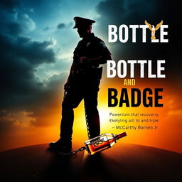 A powerful image showcasing the silhouette of a police officer standing at a crossroads, with a chain attached from his leg to a broken liquor bottle, symbolizing the struggle and the weight of addiction