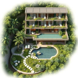 An exquisite ecological spa layout inspired by luxurious eco-friendly resorts around the world, blending elegance with nature to create a unique atmosphere for relaxation and wellness