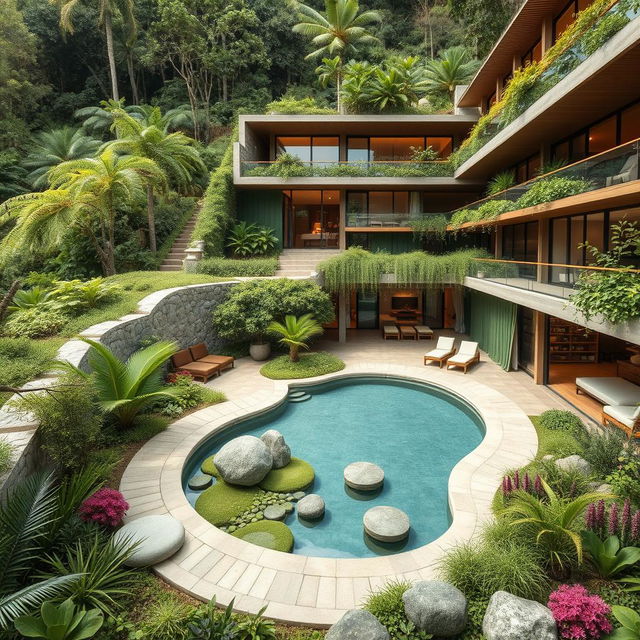 An exquisite ecological spa layout inspired by luxurious eco-friendly resorts around the world, blending elegance with nature to create a unique atmosphere for relaxation and wellness