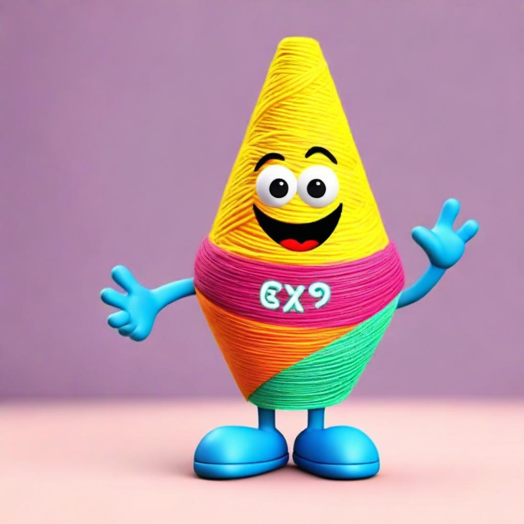 A vibrant and friendly promotional mascot shaped like a colorful cone of thread with hands and feet, visually presenting a sense of softness