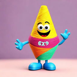 A vibrant and friendly promotional mascot shaped like a colorful cone of thread with hands and feet, visually presenting a sense of softness