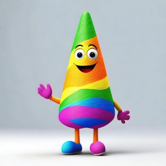 A vibrant and friendly promotional mascot shaped like a colorful cone of thread with hands and feet, visually presenting a sense of softness