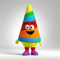 A vibrant and friendly promotional mascot shaped like a colorful cone of thread with hands and feet, visually presenting a sense of softness