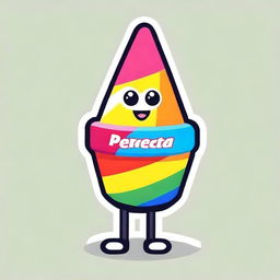 A friendly, multicolored promotional mascot designed as a cone of thread with hands and feet, exuding softness and bearing the slogan 'PERFECTA' on its chest