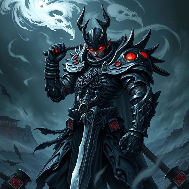 Sukuna from Jujutsu Kaisen reimagined as a fearsome Deathknight, showcasing intricate armor with dark, gothic elements and a menacing aura