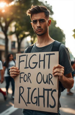 A poignant scene featuring a sad man standing with determination, holding a protest sign that reads 'Fight for Our Rights'