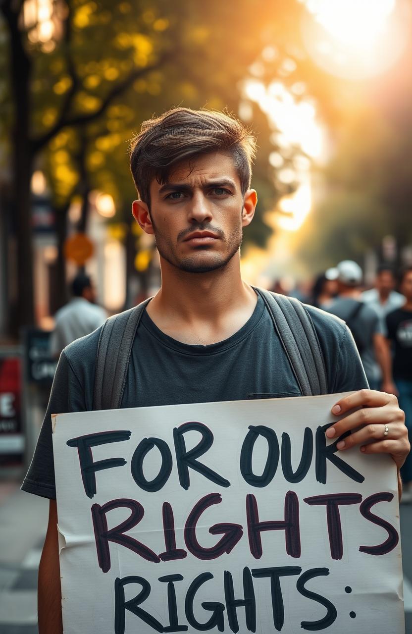 A poignant scene featuring a sad man standing with determination, holding a protest sign that reads 'Fight for Our Rights'