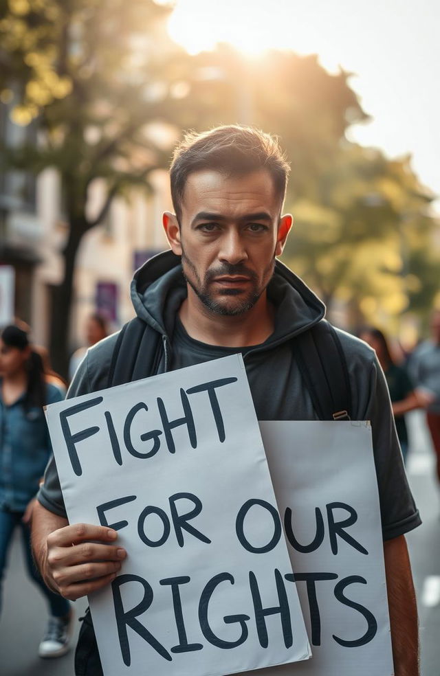 A poignant scene featuring a sad man standing with determination, holding a protest sign that reads 'Fight for Our Rights'