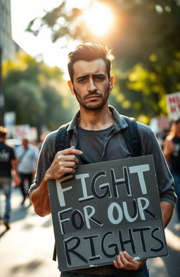 A poignant scene featuring a sad man standing with determination, holding a protest sign that reads 'Fight for Our Rights'