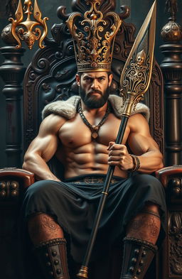 A powerful scene featuring a regal figure, a strong man sitting on an ornate throne chair, adorned with intricate carvings