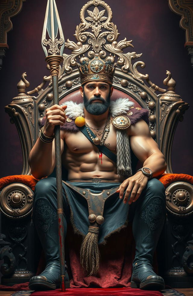 A powerful scene featuring a regal figure, a strong man sitting on an ornate throne chair, adorned with intricate carvings