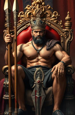 A powerful scene featuring a regal figure, a strong man sitting on an ornate throne chair, adorned with intricate carvings