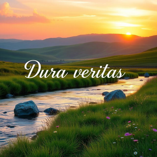 A serene landscape showcasing the phrase 'Dura veritas' inscribed in elegant, flowing script within a peaceful setting