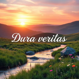 A serene landscape showcasing the phrase 'Dura veritas' inscribed in elegant, flowing script within a peaceful setting