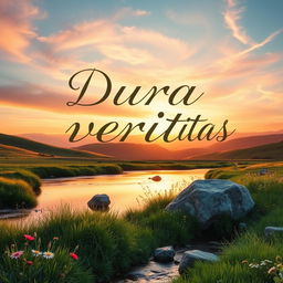 A serene landscape showcasing the phrase 'Dura veritas' inscribed in elegant, flowing script within a peaceful setting