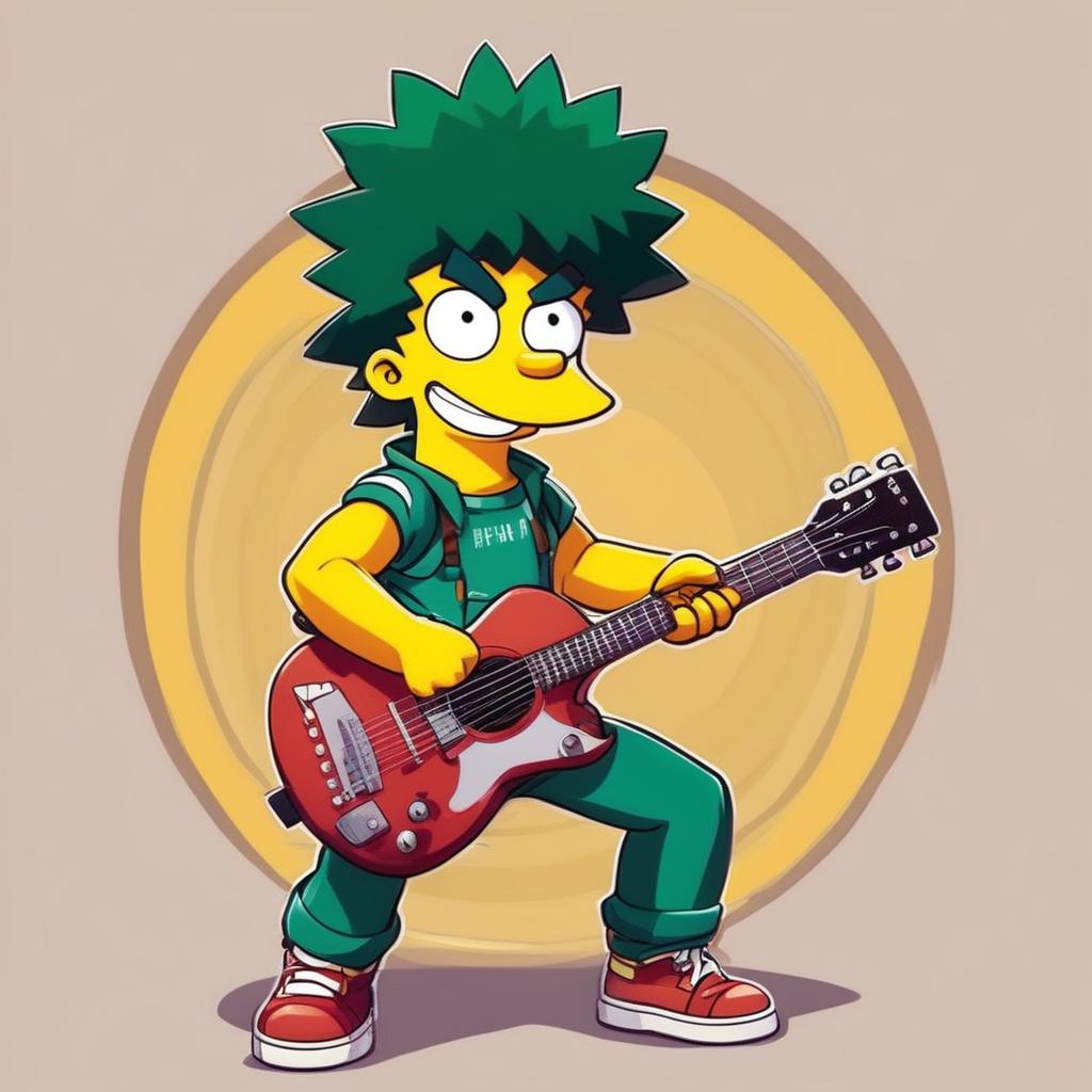 Midoriya from My Hero Academia in a Simpsons style, dressed in his hero costume amidst a retro 90s Springfield.