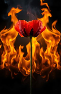 A striking poppy flower standing boldly in the center, surrounded by vibrant and dynamic flames