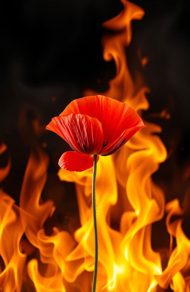 A striking poppy flower standing boldly in the center, surrounded by vibrant and dynamic flames