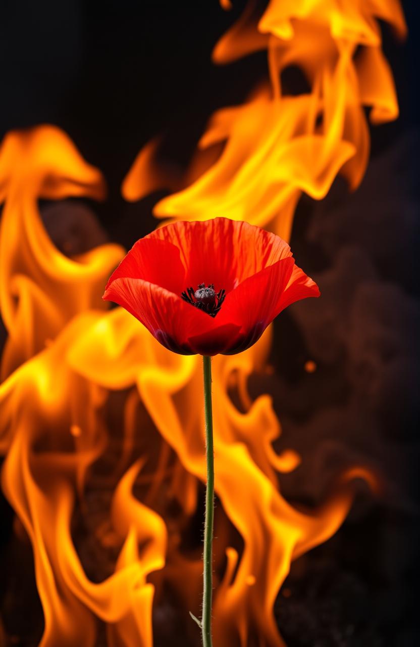 A striking poppy flower standing boldly in the center, surrounded by vibrant and dynamic flames