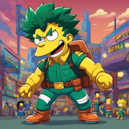 Midoriya from My Hero Academia in a Simpsons style, dressed in his hero costume amidst a retro 90s Springfield.