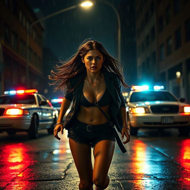 A dramatic scene of a girl running away with police sirens blaring in the background