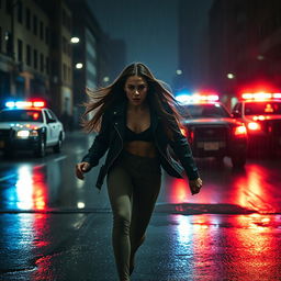 A dramatic scene of a girl running away with police sirens blaring in the background