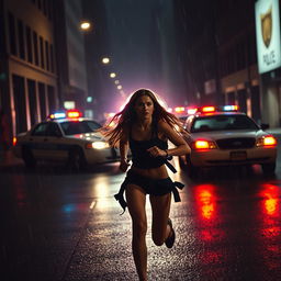 A dramatic scene of a girl running away with police sirens blaring in the background