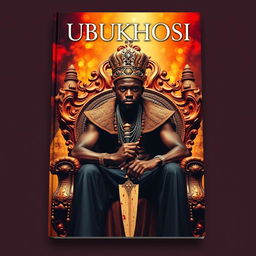 A captivating book cover titled 'UBUKHOSI' featuring a powerful black man seated on an ornate throne chair