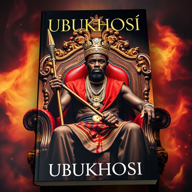 A captivating book cover titled 'UBUKHOSI' featuring a powerful black man seated on an ornate throne chair