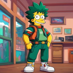 Midoriya from My Hero Academia in a Simpsons style, dressed in his hero costume amidst a retro 90s Springfield.