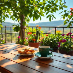A serene morning scene featuring a cup of green coffee on a wooden table