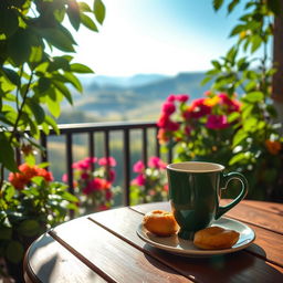 A serene morning scene featuring a cup of green coffee on a wooden table