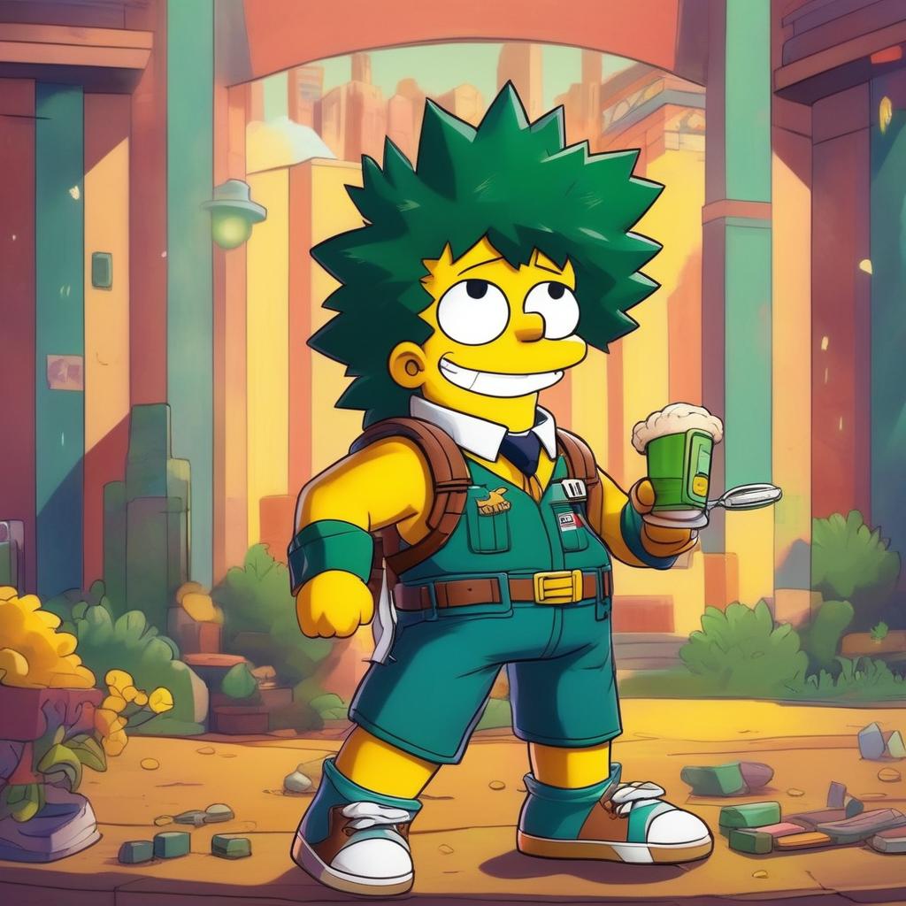 Midoriya from My Hero Academia in a Simpsons style, dressed in his hero costume amidst a retro 90s Springfield.