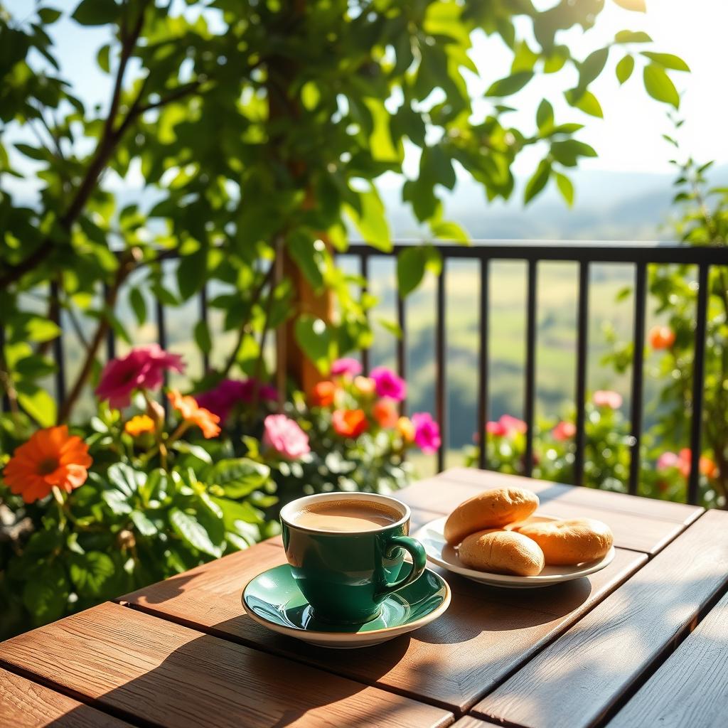 A serene morning scene featuring a cup of green coffee on a wooden table