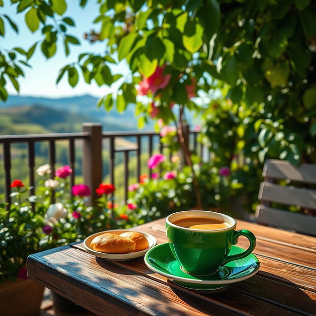 A serene morning scene featuring a cup of green coffee on a wooden table