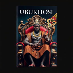 A stunning book cover titled 'UBUKHOSI' showcasing a strong black man sitting majestically on an ornate throne chair
