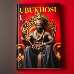 A stunning book cover titled 'UBUKHOSI' showcasing a strong black man sitting majestically on an ornate throne chair