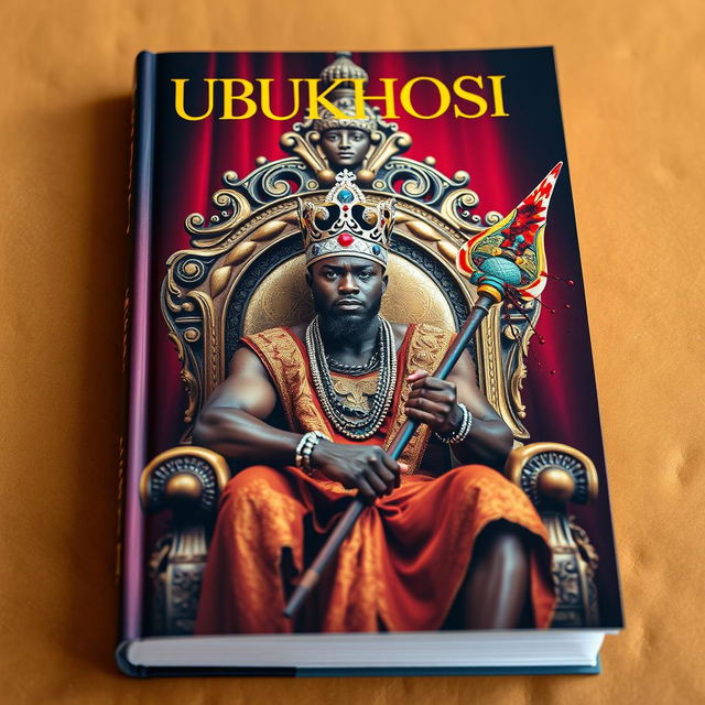 A stunning book cover titled 'UBUKHOSI' showcasing a strong black man sitting majestically on an ornate throne chair