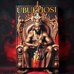 A stunning book cover titled 'UBUKHOSI' showcasing a strong black man sitting majestically on an ornate throne chair