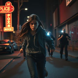 A dramatic scene at night featuring a teenage girl running frantically from the police
