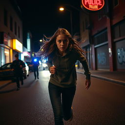 A dramatic scene at night featuring a teenage girl running frantically from the police
