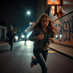 A dramatic scene at night featuring a teenage girl running frantically from the police