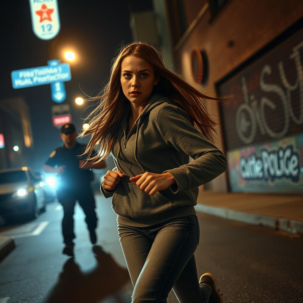 A dramatic scene at night featuring a teenage girl running frantically from the police