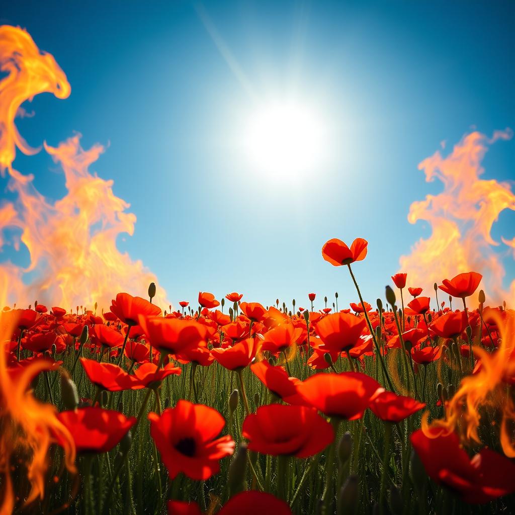 A stunning field of vibrant red poppy flowers, lush and blooming under a bright blue sky, dramatically surrounded by fierce flames that create an intense contrast with the delicate flowers