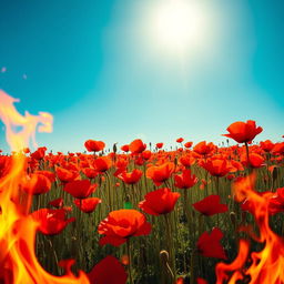 A stunning field of vibrant red poppy flowers, lush and blooming under a bright blue sky, dramatically surrounded by fierce flames that create an intense contrast with the delicate flowers