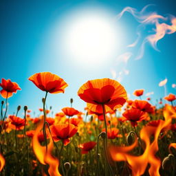 A stunning field of vibrant red poppy flowers, lush and blooming under a bright blue sky, dramatically surrounded by fierce flames that create an intense contrast with the delicate flowers
